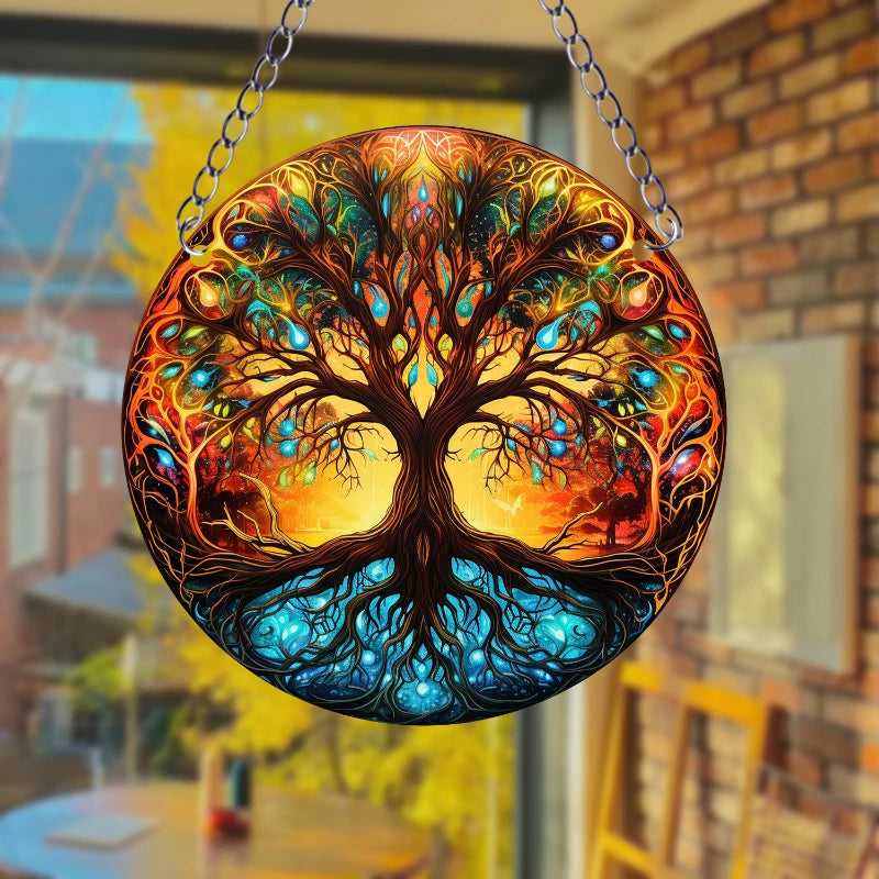 vitrail floral opaque art nouveau oiseaux chaîne métallique suspension fenêtre 20x20cm