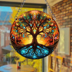 vitrail floral opaque art nouveau oiseaux chaîne métallique suspension fenêtre 20x20cm