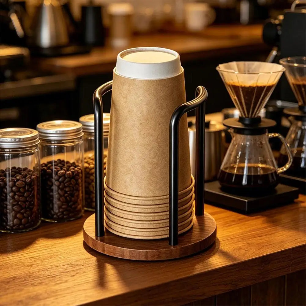 support tasses jetables marron clair noir imprimé coffee logo texture bois moderne poignées métalliques