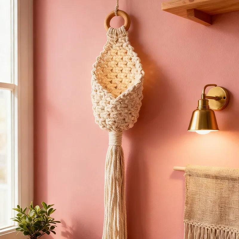panier suspendu boho motifs géométriques pompon coton anneaux bois