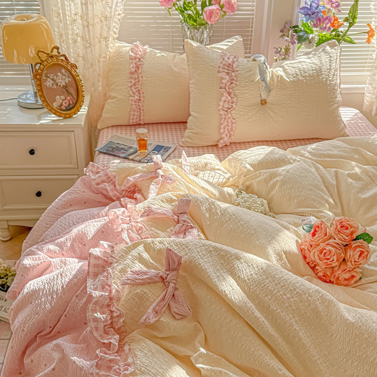 ensemble literie rose vichy doux franges romantique taies oreillers couvre lit
