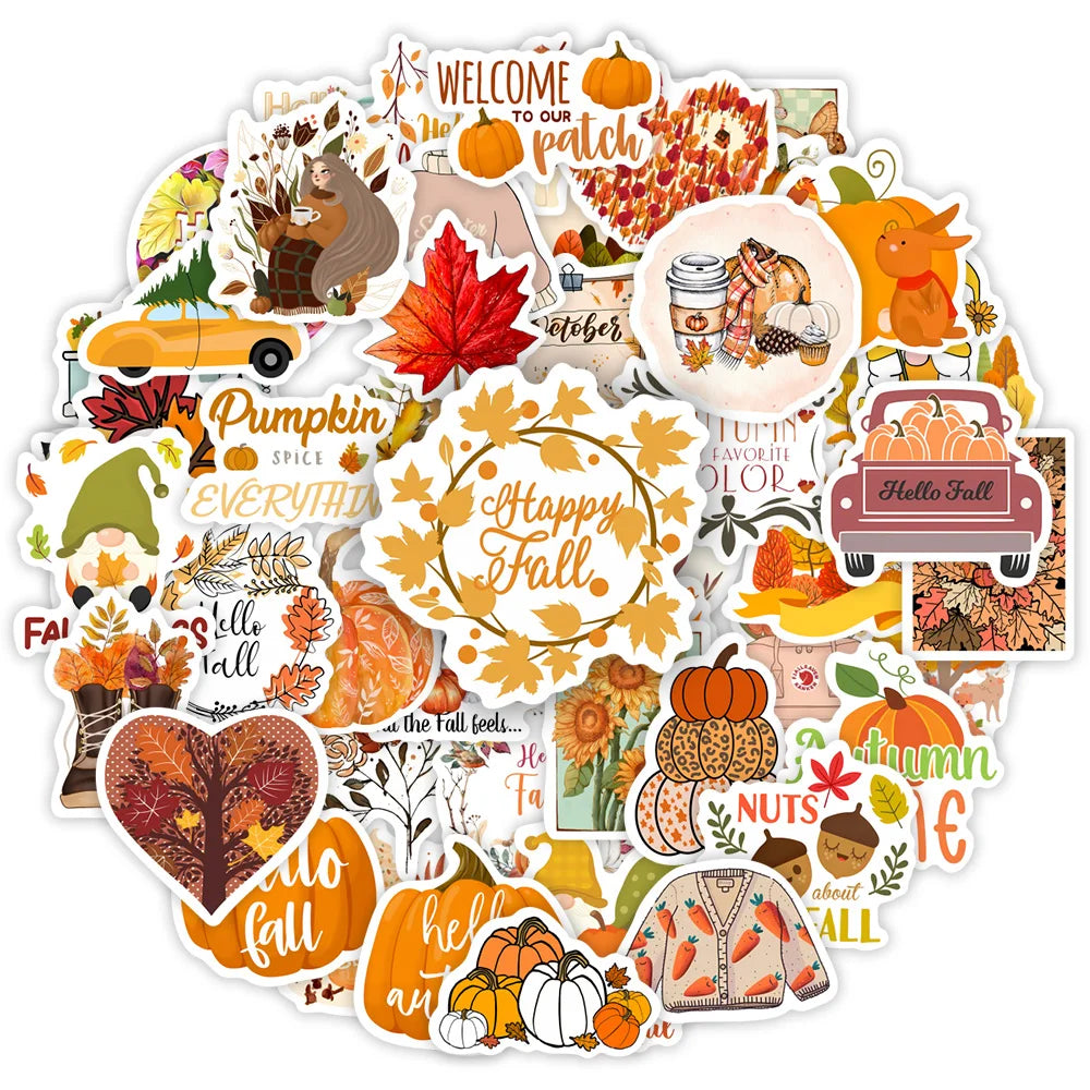 stickers automne orange jaune rouge feuilles citrouilles gnomes animaux illustration cartoon adhésifs mignons vintage
