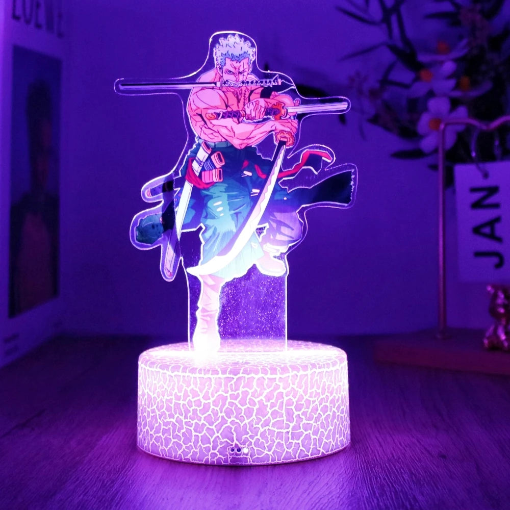 lampe led 3d anime luffy zorro cracked surface télécommande câble usb nocturne rouge vert