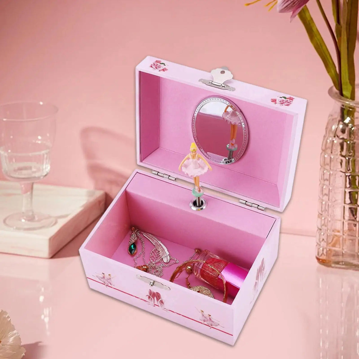 boîte bijoux rose danse fleurs imprimé miroir poupée cadenas classique.storage organizer chambre