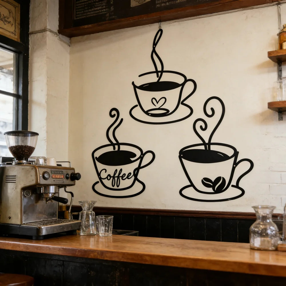décoration murale moderne tasses motifs cœur textes coffee noires minimaliste