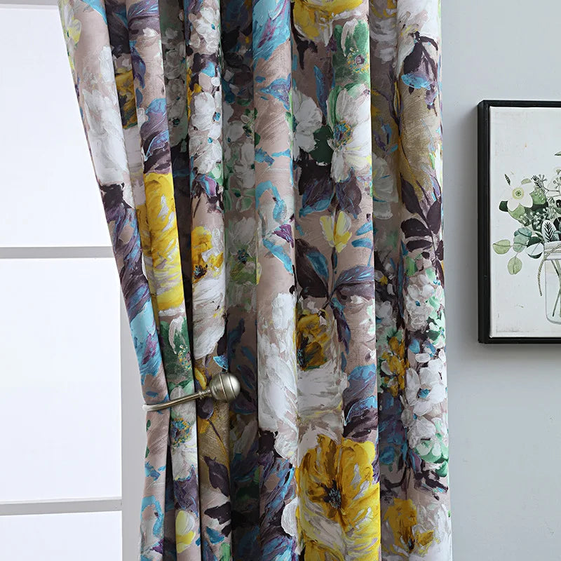rideau floral deux panneaux pastoral imprimé polyester gris jaune bleu violet vert
