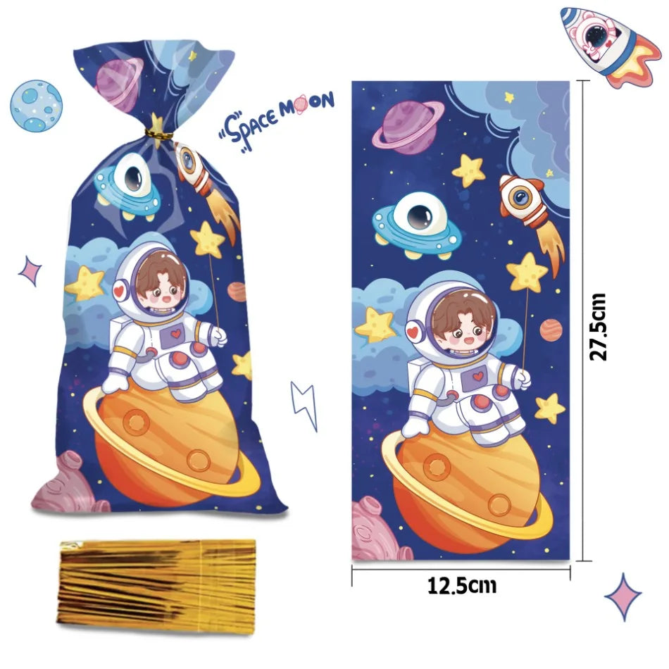 sacs papier astronautes vert bleu rose clair géométrique élégants dorés 12.5cm 27.5cm enfants illustration