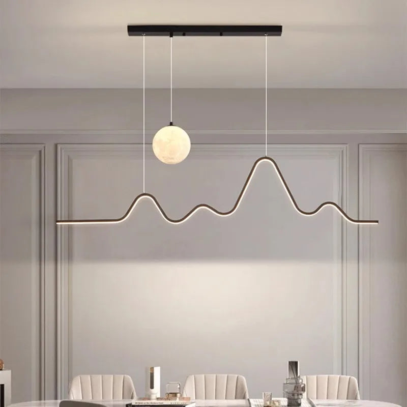 suspension moderne minimaliste luminaire vague lune forme ondulée blanc noir doré led chambre restaurant