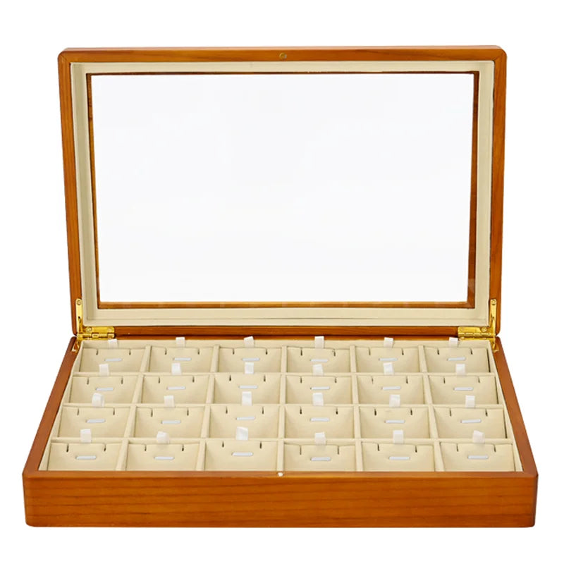 boîte bijoux bois marron clair intérieur beige simili cuir rangement display stackable organizer anneaux
