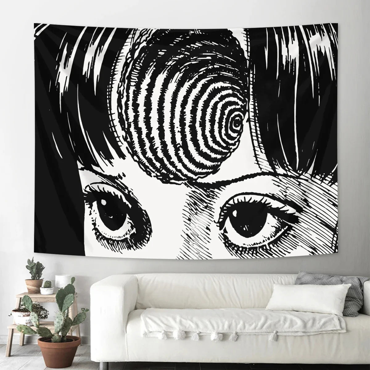 tapisserie murale motif yeux stylisés noir blanc moderne rectangle chambre