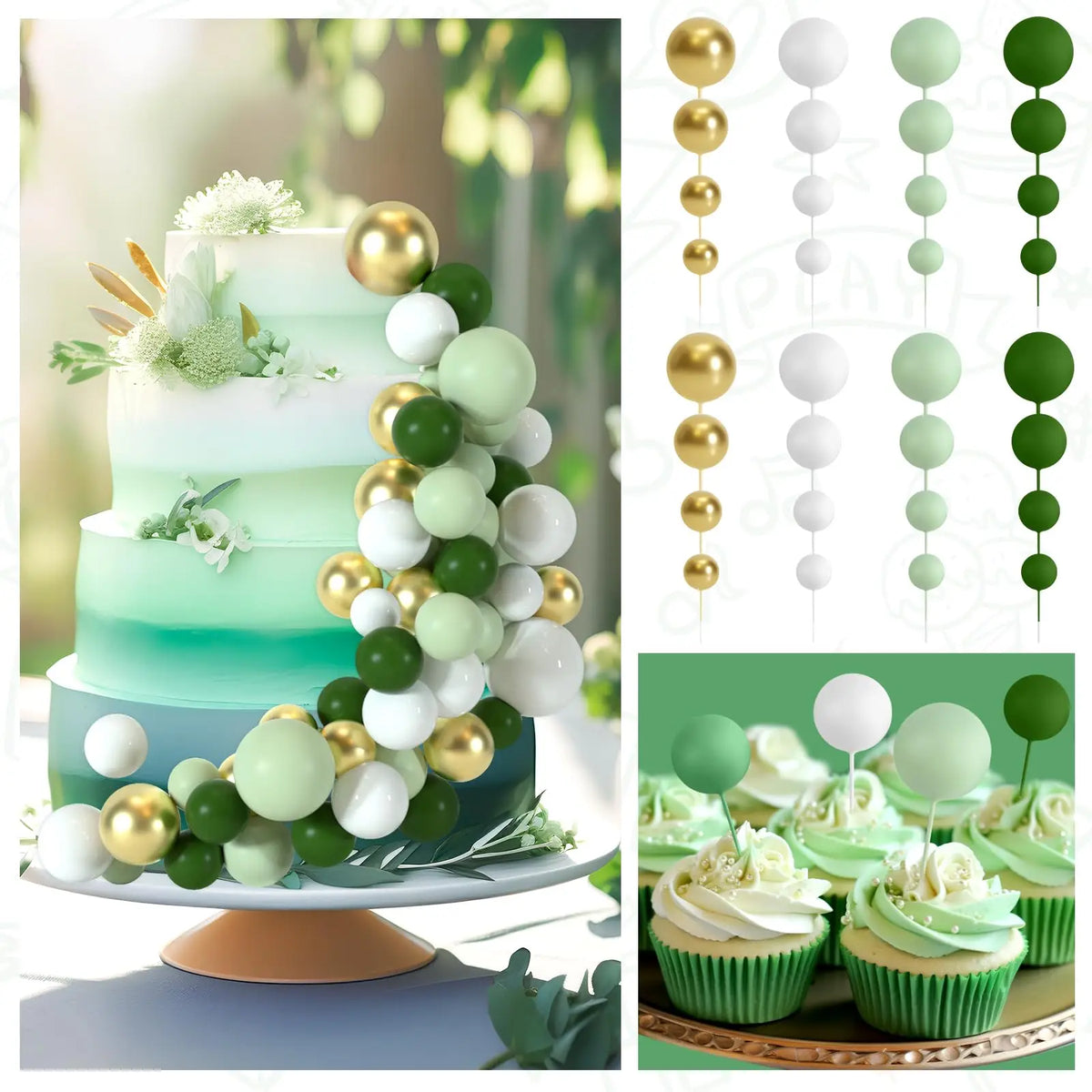 décoration gâteau boules vertes blanches dorées mariage anniversaire festives modernes