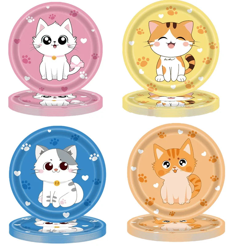 assiettes jetables papier motif chaton mignon coeur rose bleu jaune fête anniversaire bébé