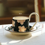 Tasse de thé noire avec des fleurs de couleur pastel, posée sur une soucoupe blanche.