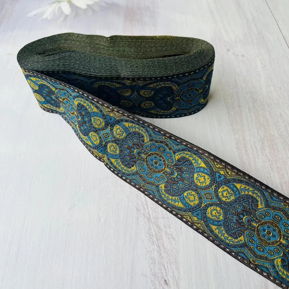 ruban polyester largeur 5cm motifs fleurs broderies couleurs noir bleu vert orange élégant rideaux