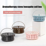 boîte bobines moustiques aromathérapie noir bleu rose pâle perforations floraux poignée métallique portable anti