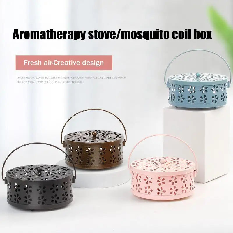 boîte bobines moustiques aromathérapie noir bleu rose pâle perforations floraux poignée métallique portable anti