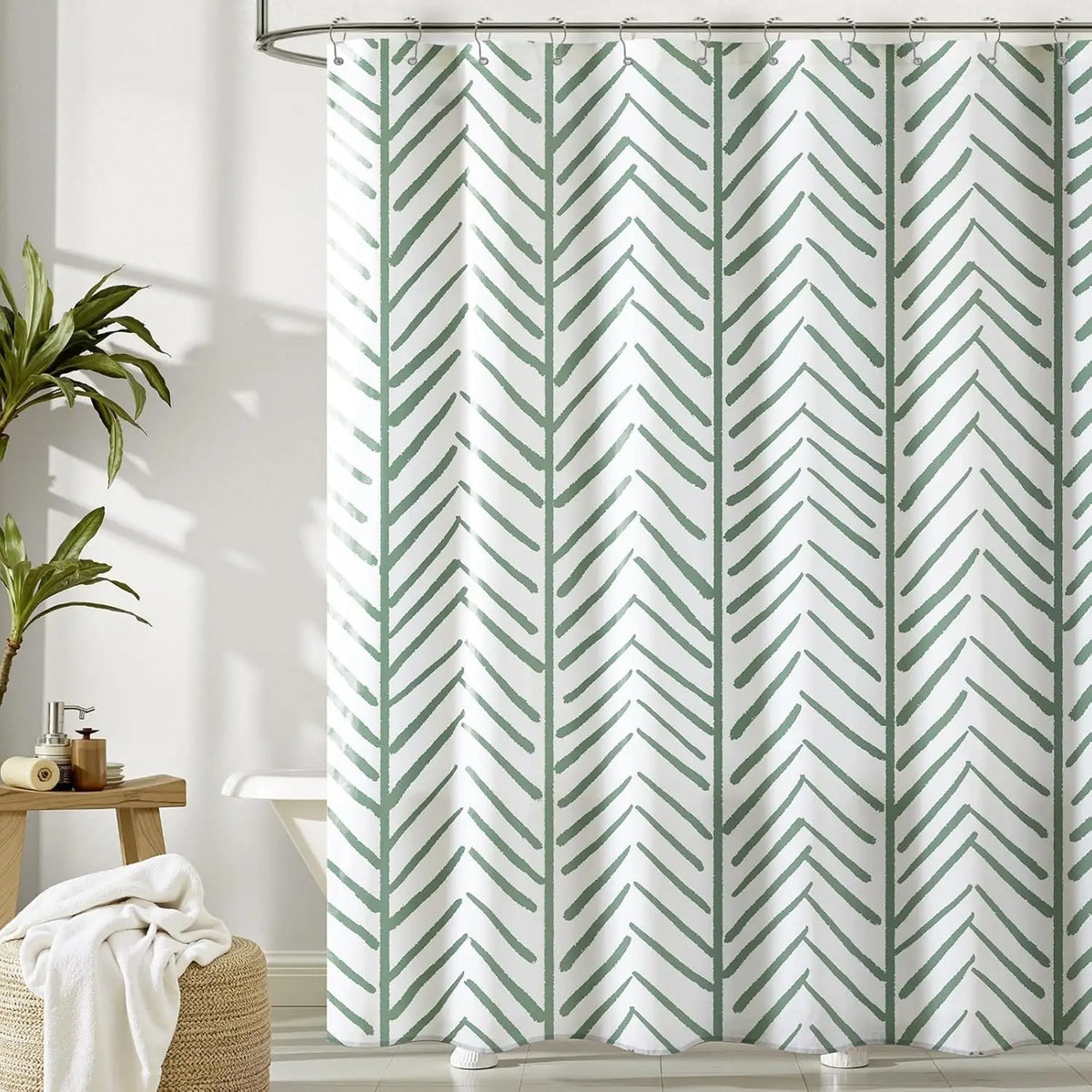 rideau douche moderne motif rayures vertes opacité tissu polyester blanc dimensions variées anneau métallique
