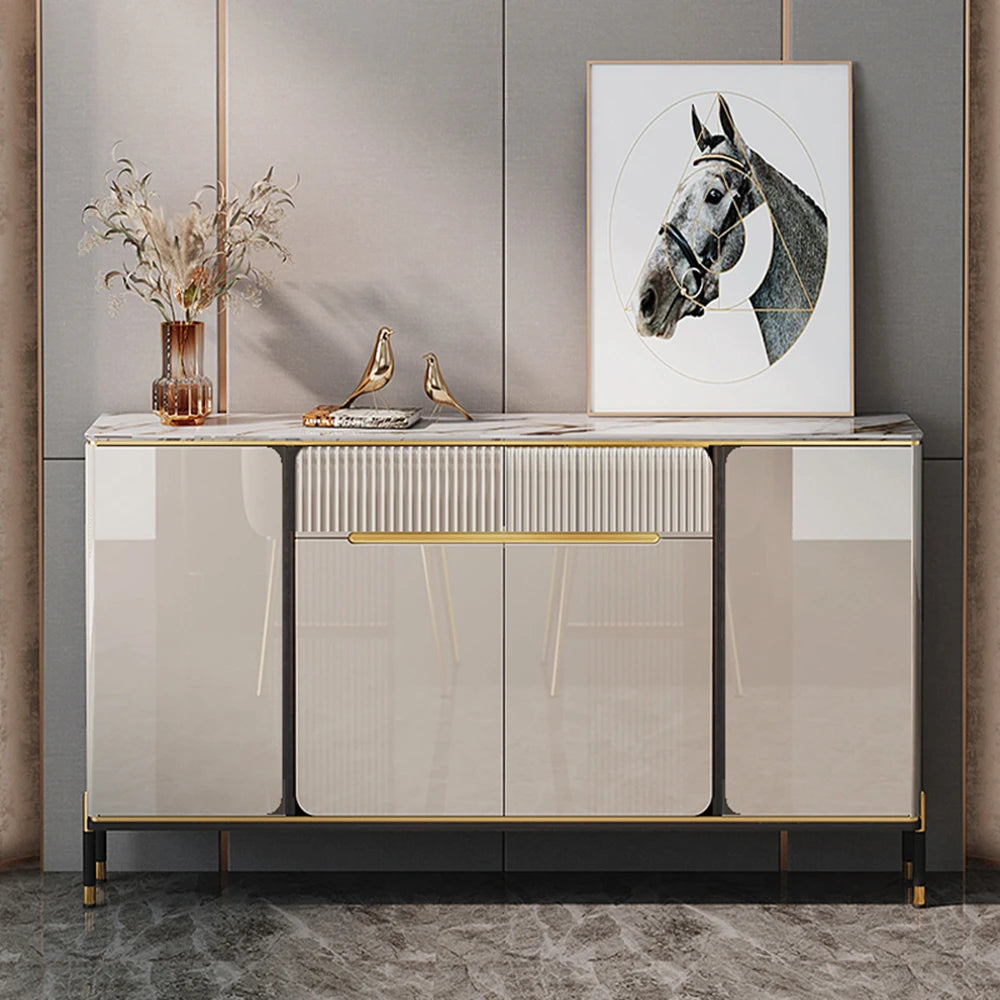 meuble rangement moderne beige marbre lignes dorées buffet étroit tiroir porte salon