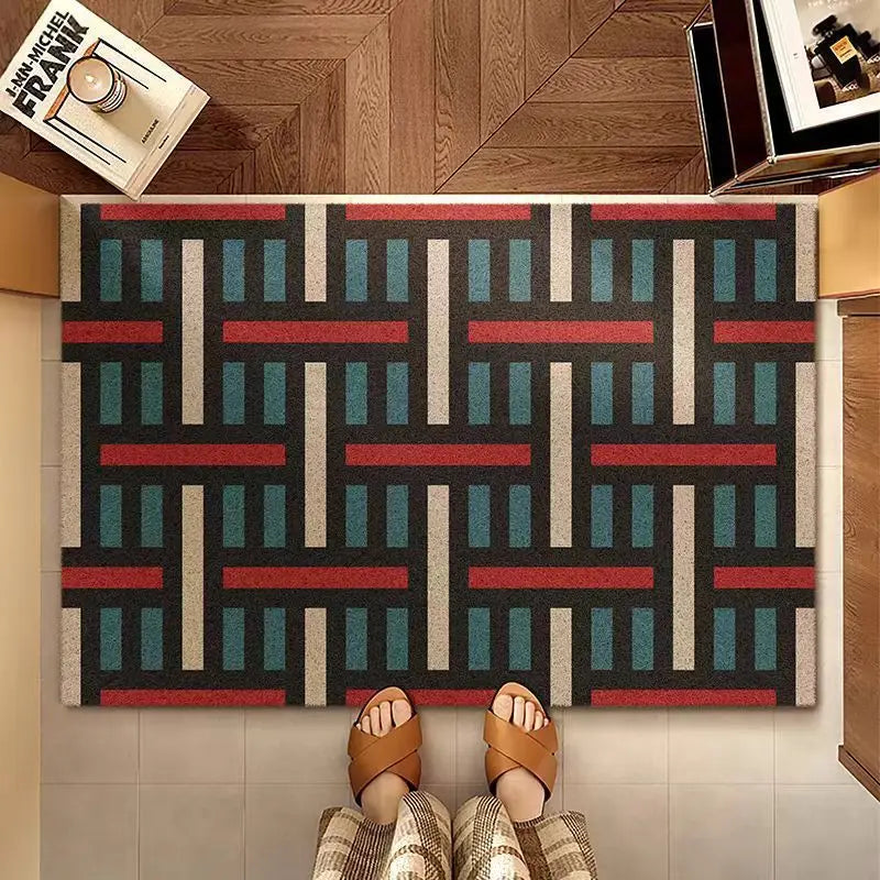 tapis antidérapant moderne carreaux géométriques rouge noir beige pvc sol couloir extérieur