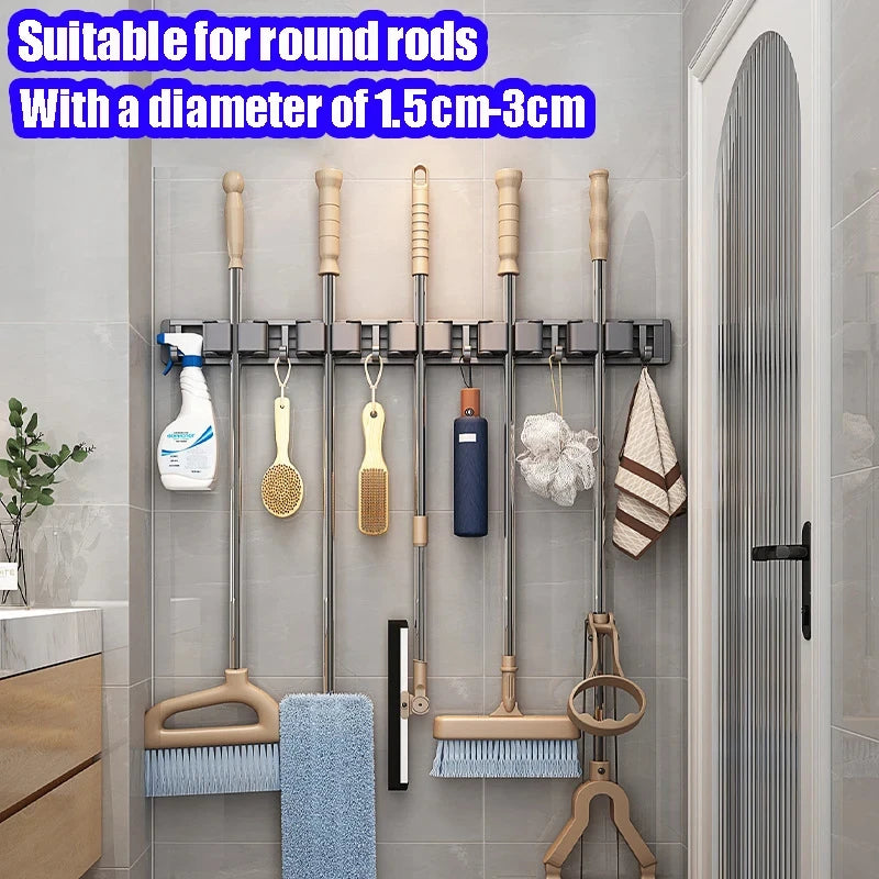 porte balai mural moderne adhésif gris blanc noir Brosse balai gant serviette spray