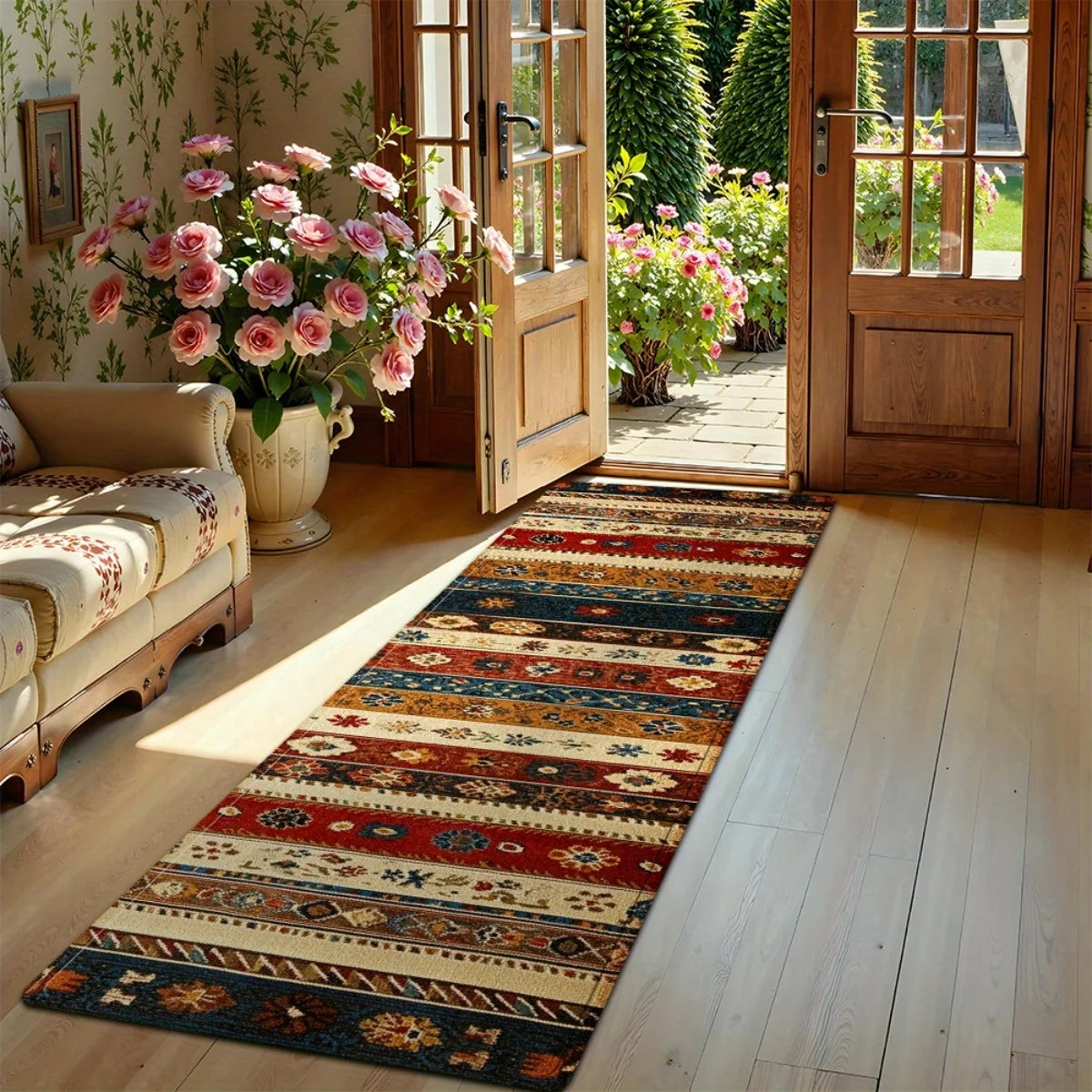 tapis ethnique motifs géométriques floraux rouge beige bleu marron antidérapant intérieur extérieur salon
