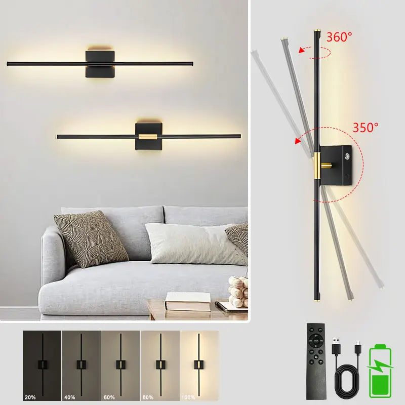 Lampe murale LED rechargeable batterie noir doré moderne minimaliste fixée mur télécommande