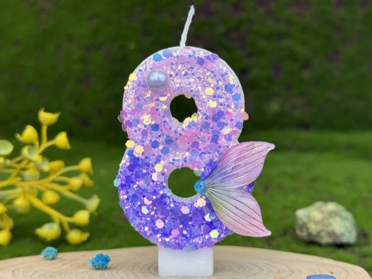 bougies numéraires paillettes sirène violet doré anniversaire décoration gâteau thème pois queue poisson festive