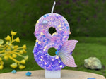 bougies numéraires paillettes sirène violet doré anniversaire décoration gâteau thème pois queue poisson festive