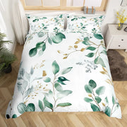 Housse de couette verte sauge imprimée feuilles d'eucalyptus - Ensemble literie rustique 3 pièces