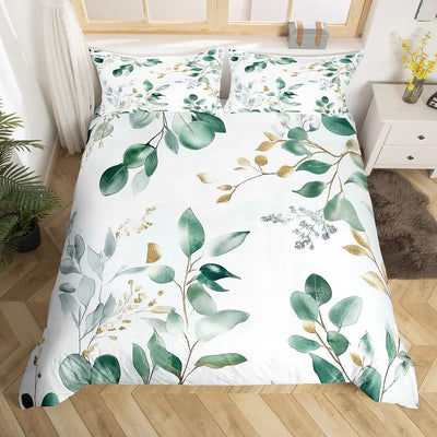 Housse de couette verte sauge imprimée feuilles d'eucalyptus sur un lit