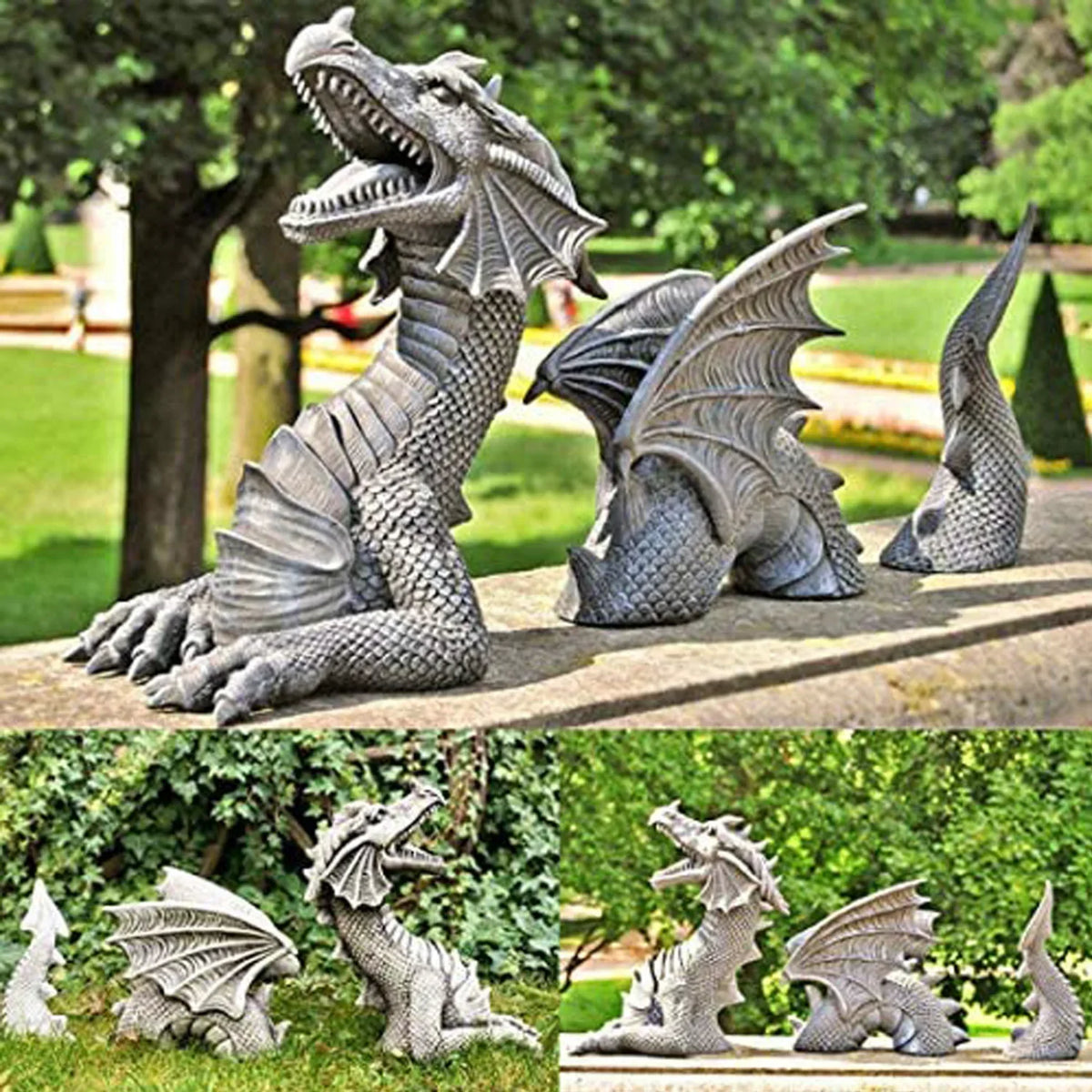 statues dragons decoratives exterieur intérieur gris argenté ecailles detaille fantastique medieval