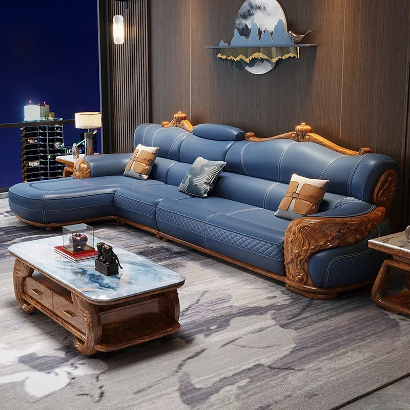 Canapé d'angle bleu cuir ornements dorés coussins décoratifs classique moderne salon shape