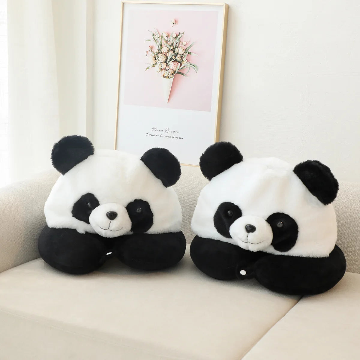 coussin voyage forme panda blanc noir peluche doux créatif mignon bouton pression portable sieste