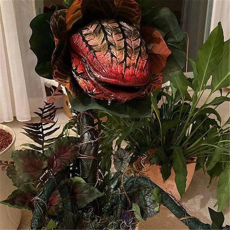 statue plante carnivore audrey ii halloween réplique plante vert rouge marron feuilles texturées pot