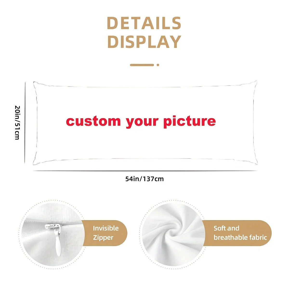 coussin corps entier imprimé photo blanc moderne zip invisible 50x137cm