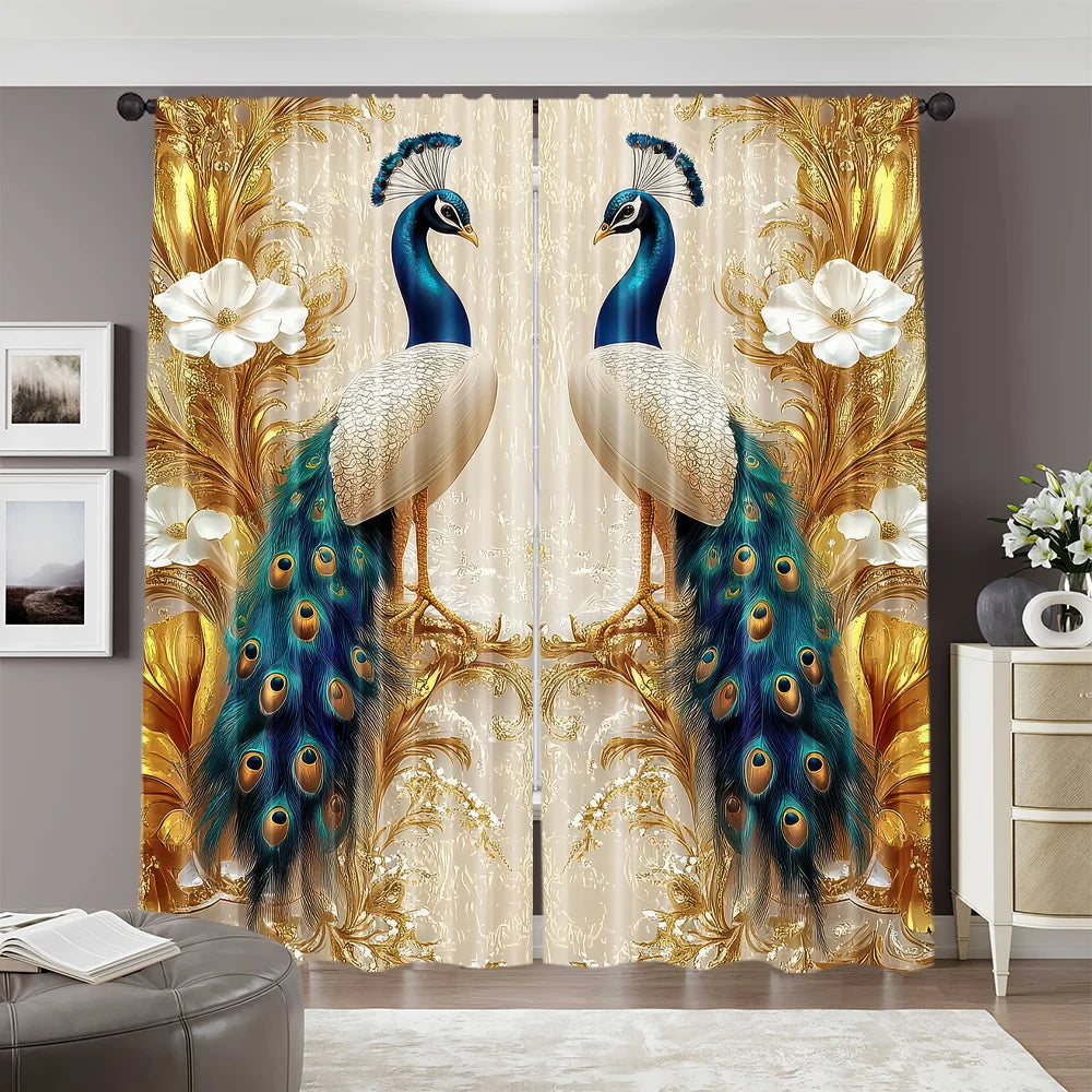 rideau classique oiseaux bleu blanc doré semi opaque polyester anneaux noirs decoration mur interieur
