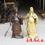 statue bronze doré guerrier traditionnel chinois longue barbe bâton faucille détails sculptés complexe