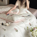 ensemble literie coton brodé fleurs rose blanc classique king queen full