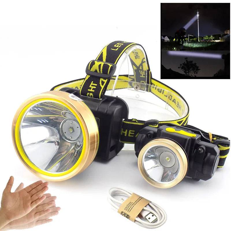 lampe frontale led rechargeable 18650 batterie cable usb ceinture ajustable noir jaune doré