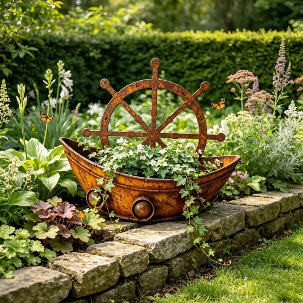cache pot forme bateau marron rustique texture métal vieilli vintage succulentes gravierintérieur