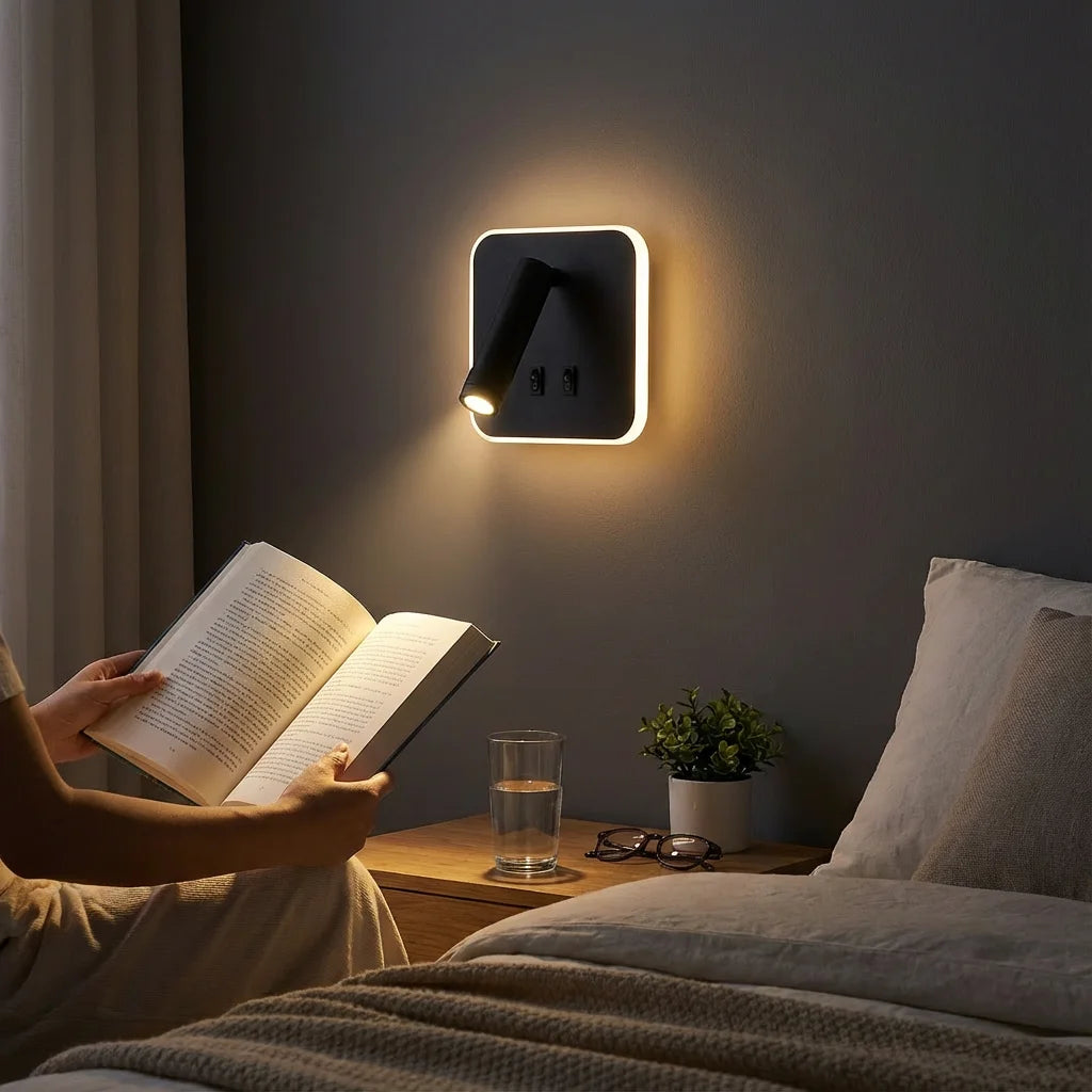lampe murale moderne led noir fixée mur chargeur usb chambre entrée étude