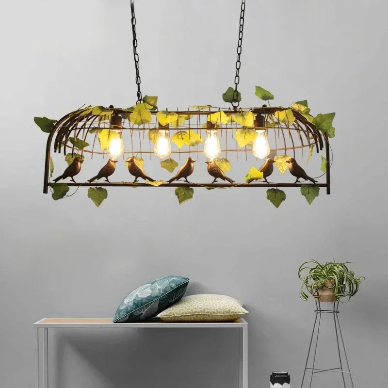 suspension lumineuse vintage oiseaux métal feuilles vert ampoules noir doré rustique