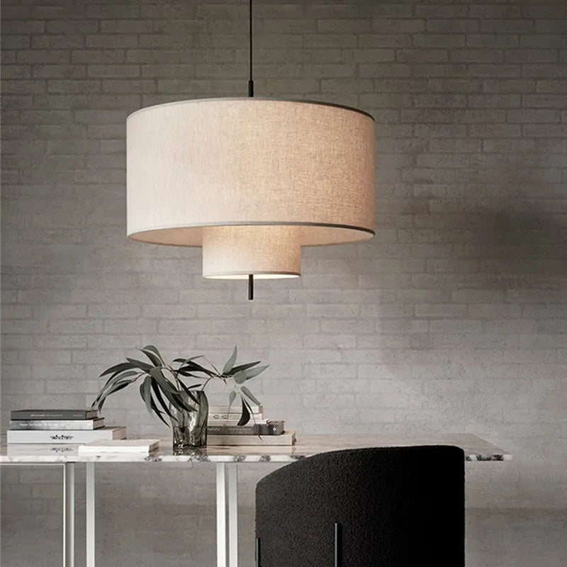 Suspension lumineuse moderne toile lin beige clair salon étude chambre lumière froide neutre chaude