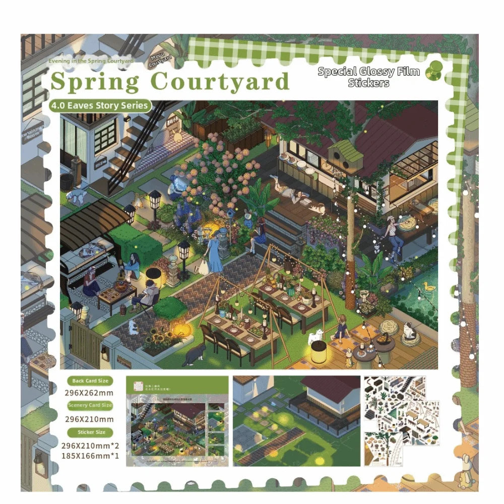 stickers decoratifs scènes vie cozy asiatique feuilles papier illustrations detaillees couleurs naturelles éléments architecturaux
