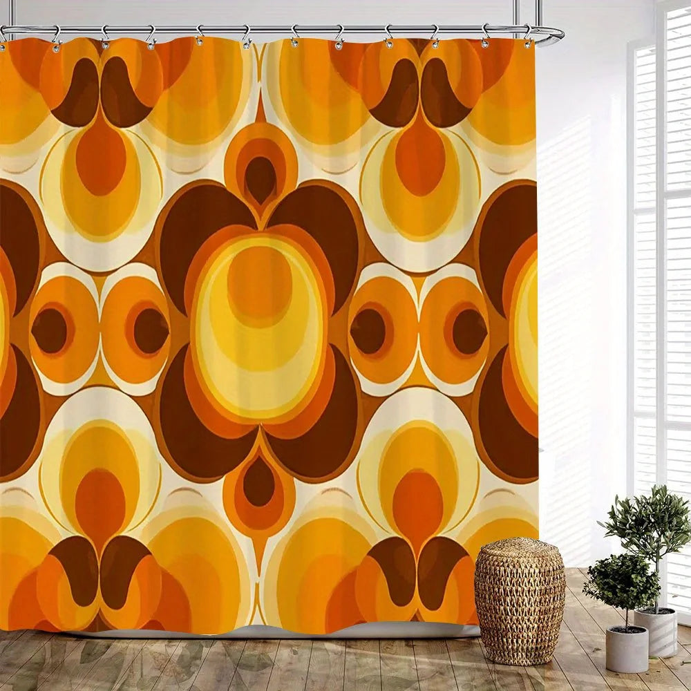 rideau douche vintage orange marron cercles concentriques geometrique polyester moderne