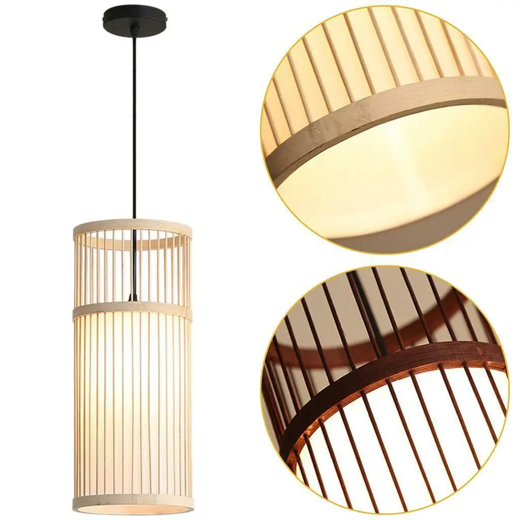 lampe suspendue moderne bambou tissé main boho rayures verticales beige noir
