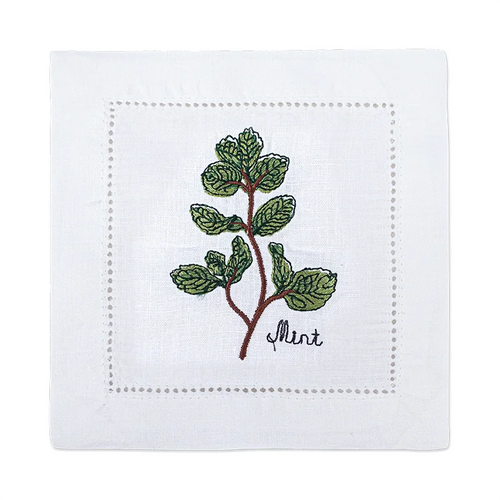 serviette cuisine lin blanc brodée motifs plantes aromatiques naturelle table élégante
