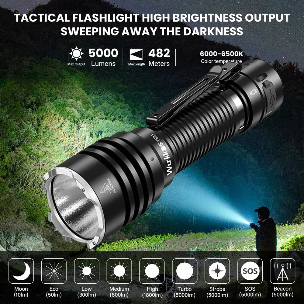 lampe torche noire rayures verticales moderne rechargeable ipx8 5000lm led hiking camping