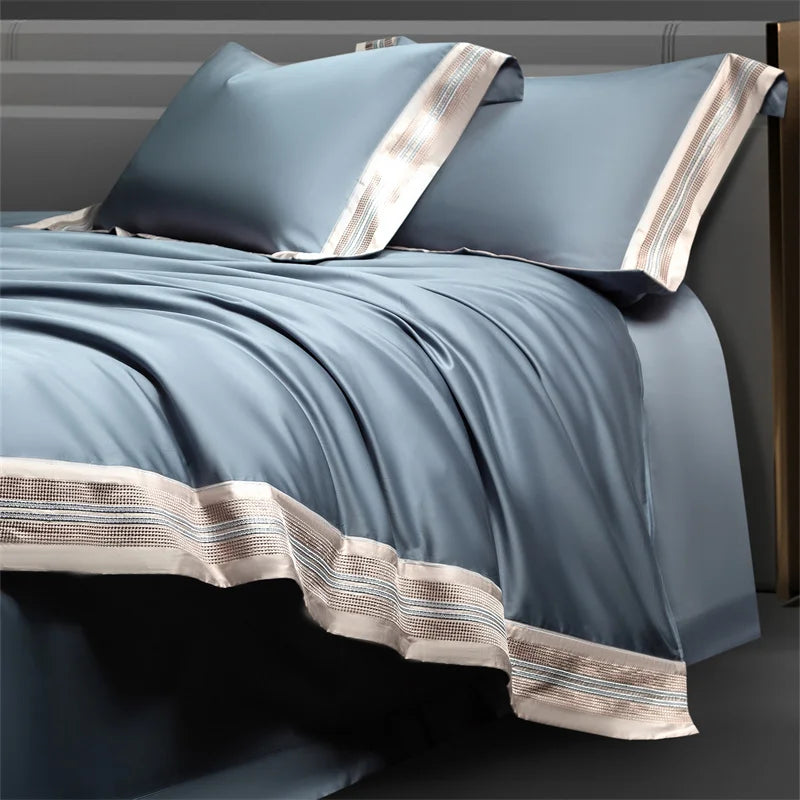 ensemble literie bleu clair broderies moderne 100 coton ultra doux king queen size