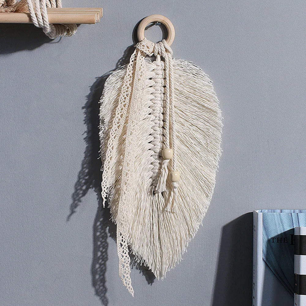 accessoire mural boho chic macramé franges blanc cassé anneau bois suspension chambre salon